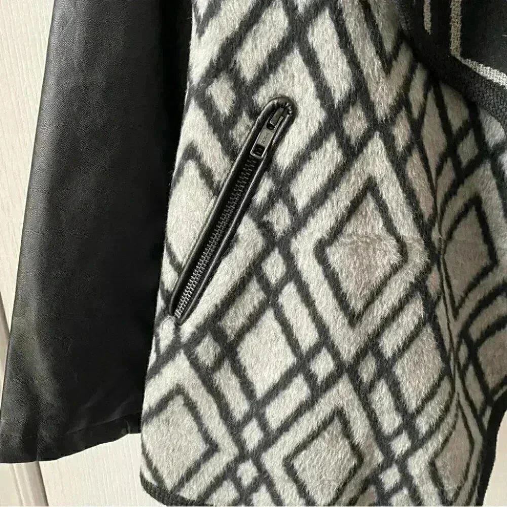 Pink  Martini Jacket Faux Leather Wool Open Front Draped Moto Black Grey Small - Picture 8 of 16